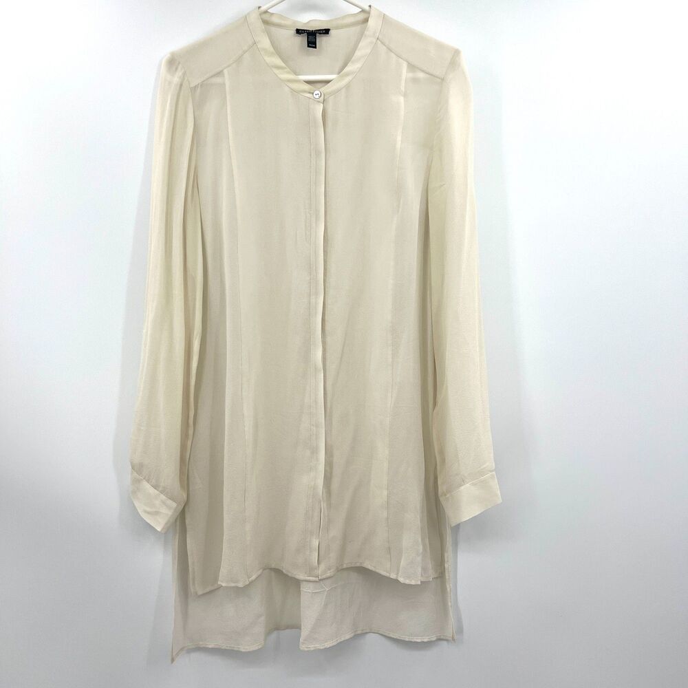 Eileen Fisher 100% Silk Tunic Blouse M Ivory Cream Long Sleeve Hi-Low Sheer Top
